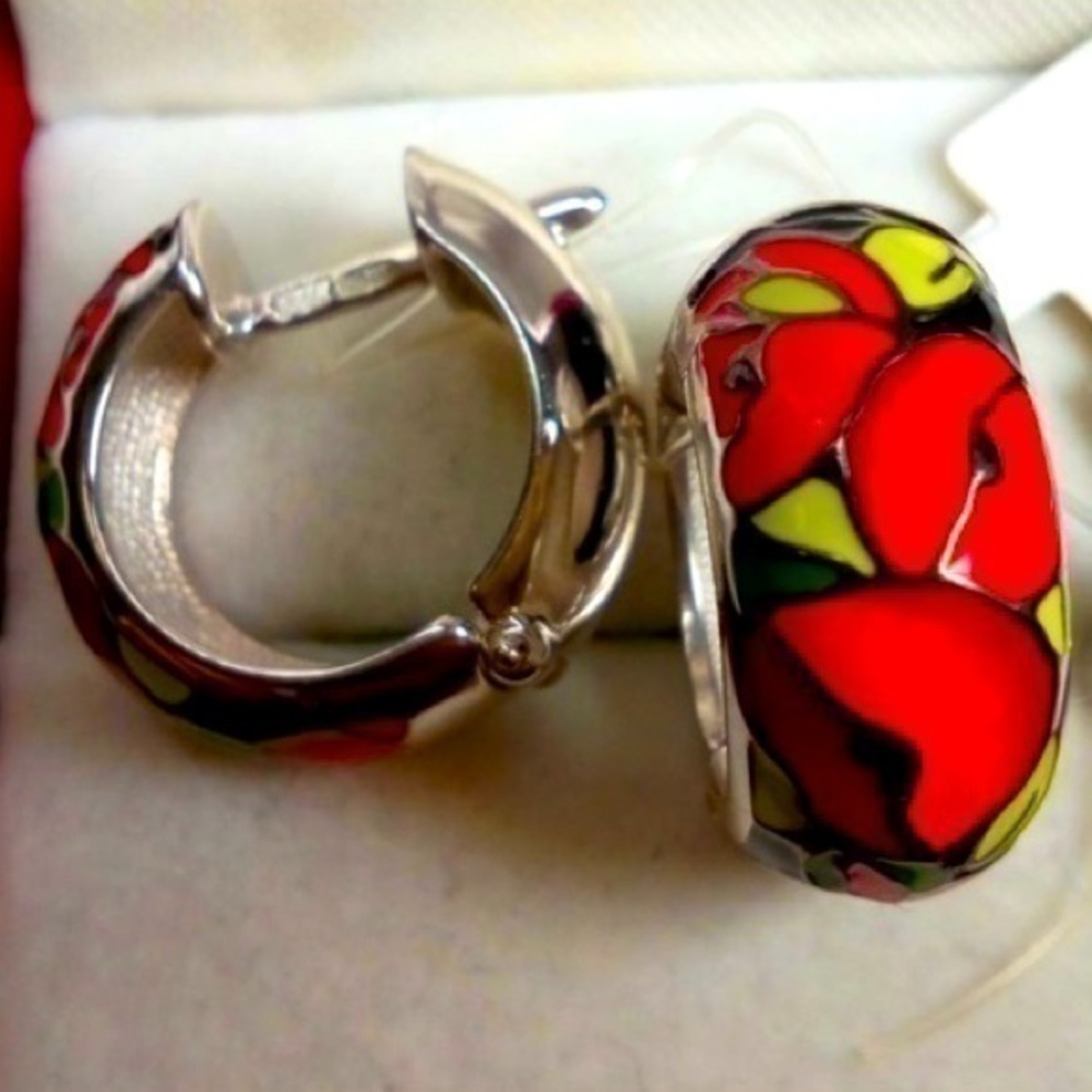 Multicolored Enamel Hoop Earrings 925 Sterling Silver Poppy Flowers Van Gogh